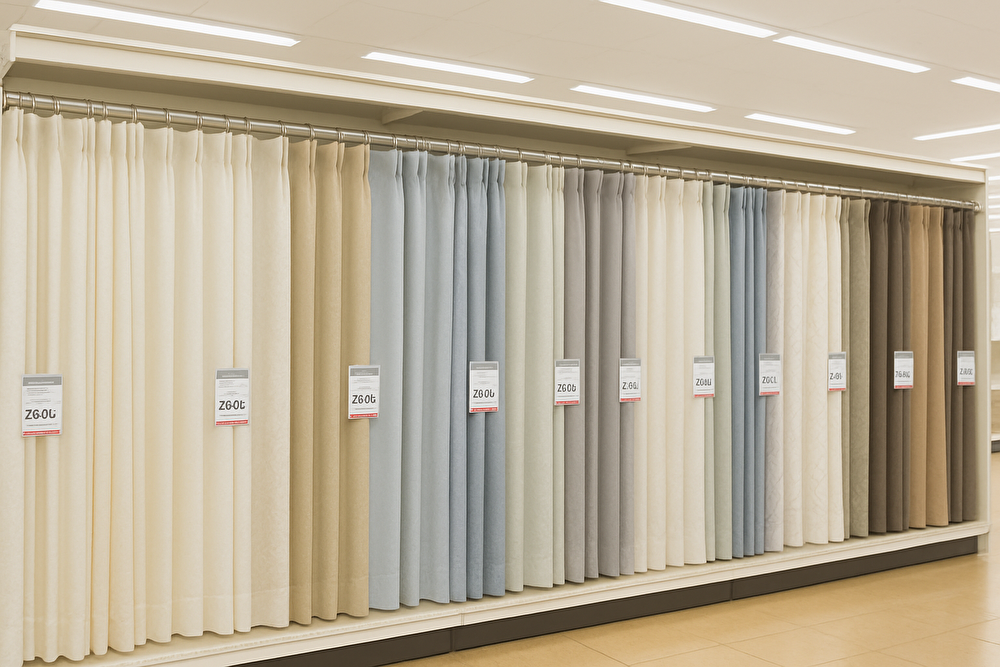 ホームセンターのカーテン売り場のイメージ（既製カーテンが棚に並んでいる様子）