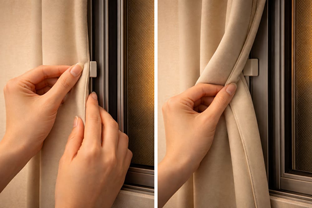 カーテンの端をマグネットで留めて、横の隙間と光漏れを防いでいる手元の様子（部屋バレ対策）