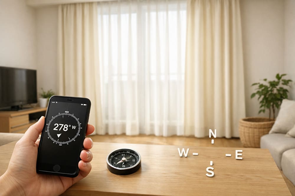 スマホのコンパスで方角を確認しながら、ベージュ系のカーテンが掛かった部屋を見る様子。風水でカーテンの色と方角を確認するイメージ