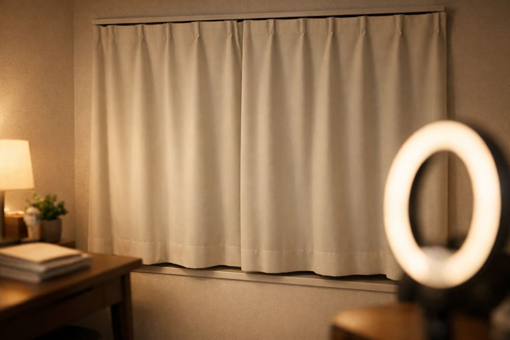 夜の室内で、窓のカーテンを閉めて外からの視線と光漏れを防いでいる配信環境のイメージ