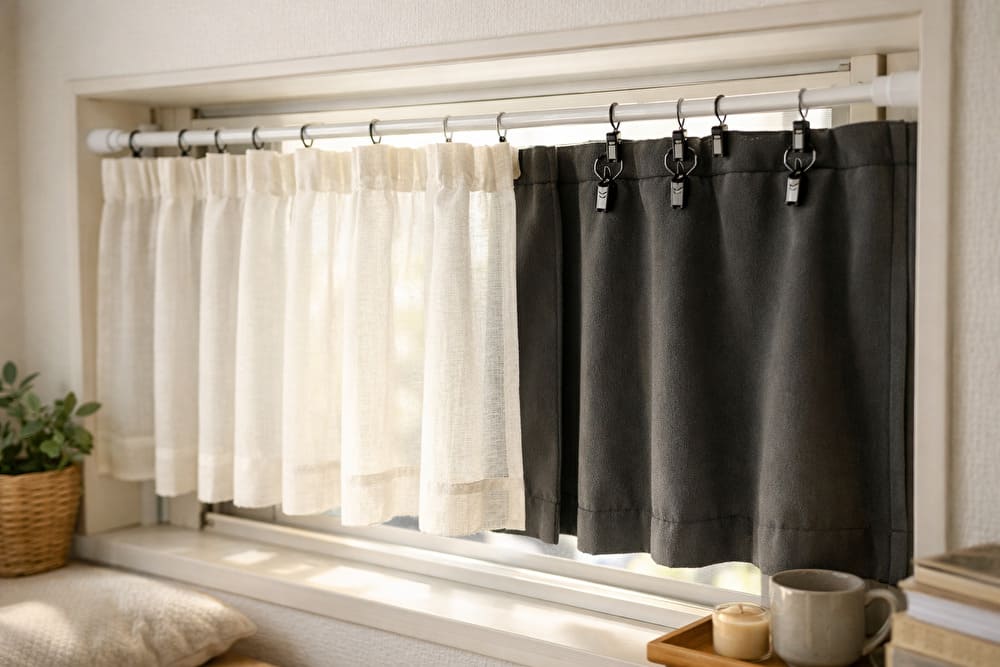 カーテンの裏側に遮光裏地をクリップで取り付けている様子（穴あけ不要）