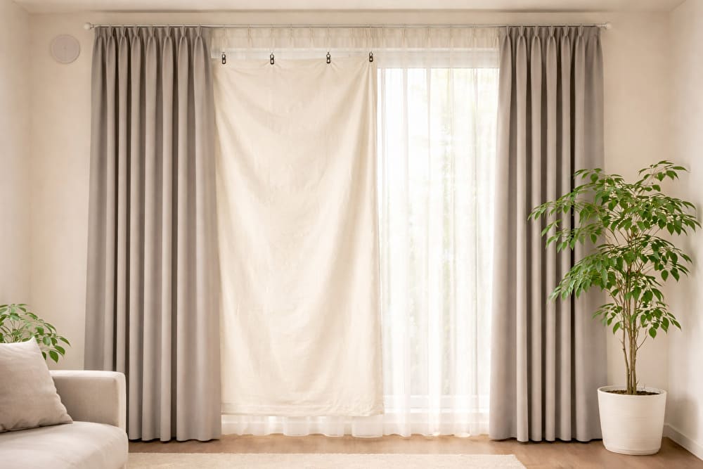 カーテン幅が大きく足りない窓に、マルチクロスや観葉植物を使って視線をカバーしている応急的な対処例