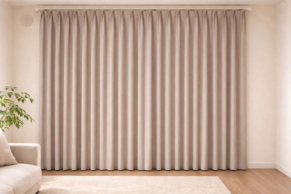 幅をお直ししてピッタリサイズに仕立て直されたカーテン。床に余りがなく見た目がきれいに整っている