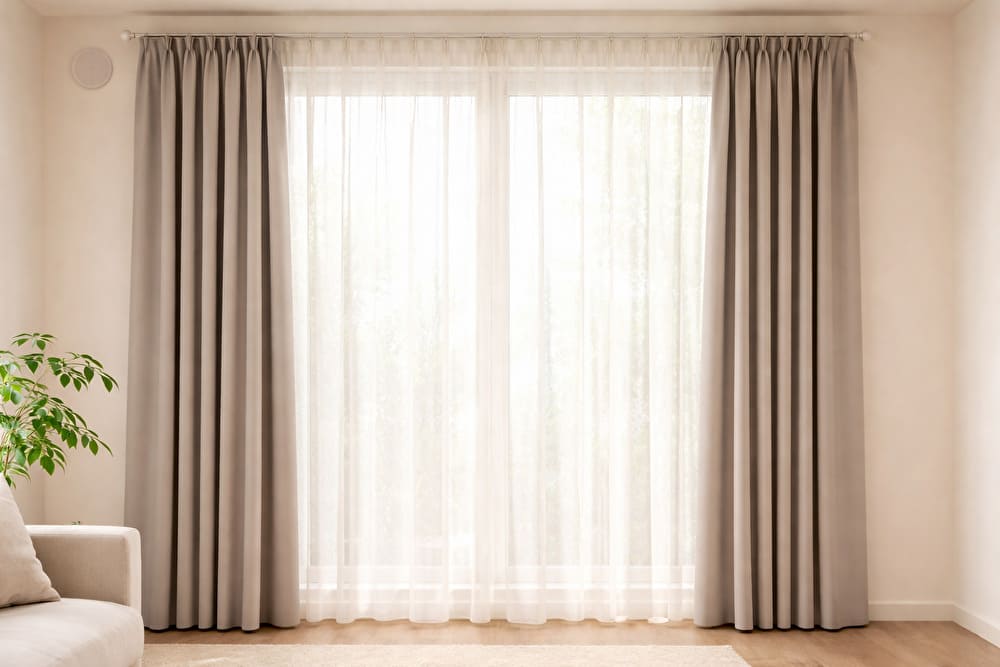 ドレープカーテンの内側にレースカーテンを追加して、幅不足による隙間を自然にカバーしている窓辺の様子