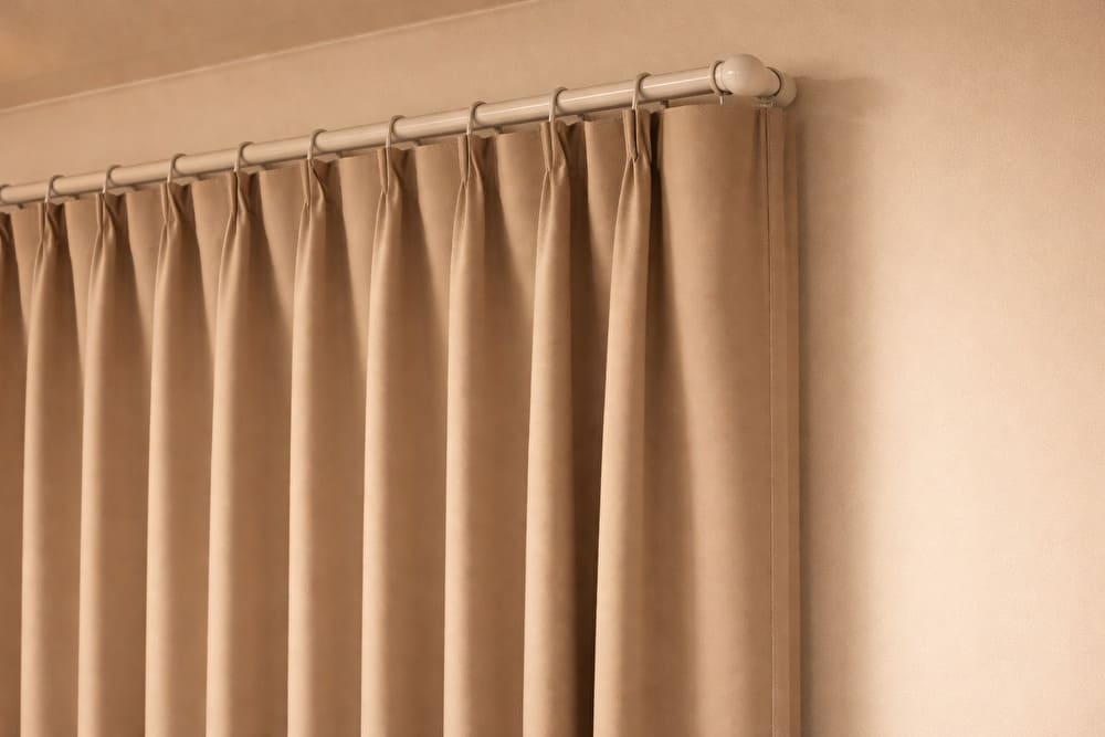 カーテンの端を壁側に折り返すリターン仕様で、幅が足りない隙間を塞いでいる様子。遮光性と見た目が整っている