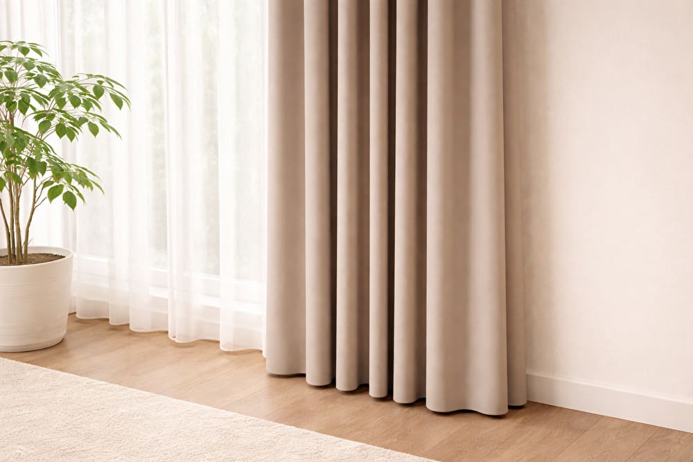 余ったカーテン幅をリターン仕様で折り返し、だらしなさを解消してスッキリ整えた窓の様子