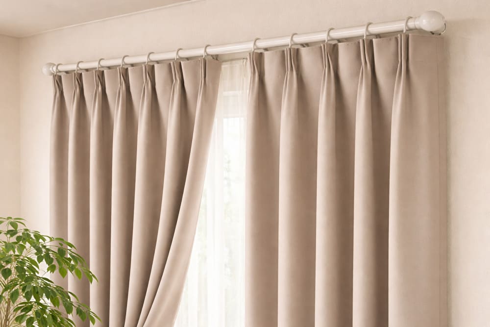 カーテンフックの位置を内側に調整し、余った幅をヒダとしてまとめて見た目を整えている様子