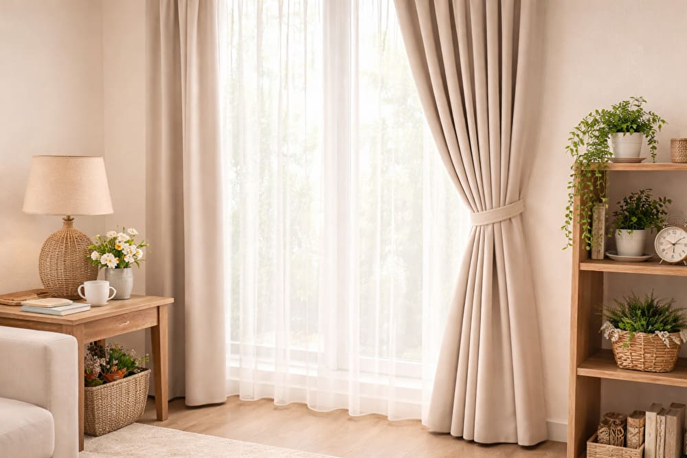 余ったカーテン生地をたたんでタッセルで束ね、装飾として活用しているインテリア例