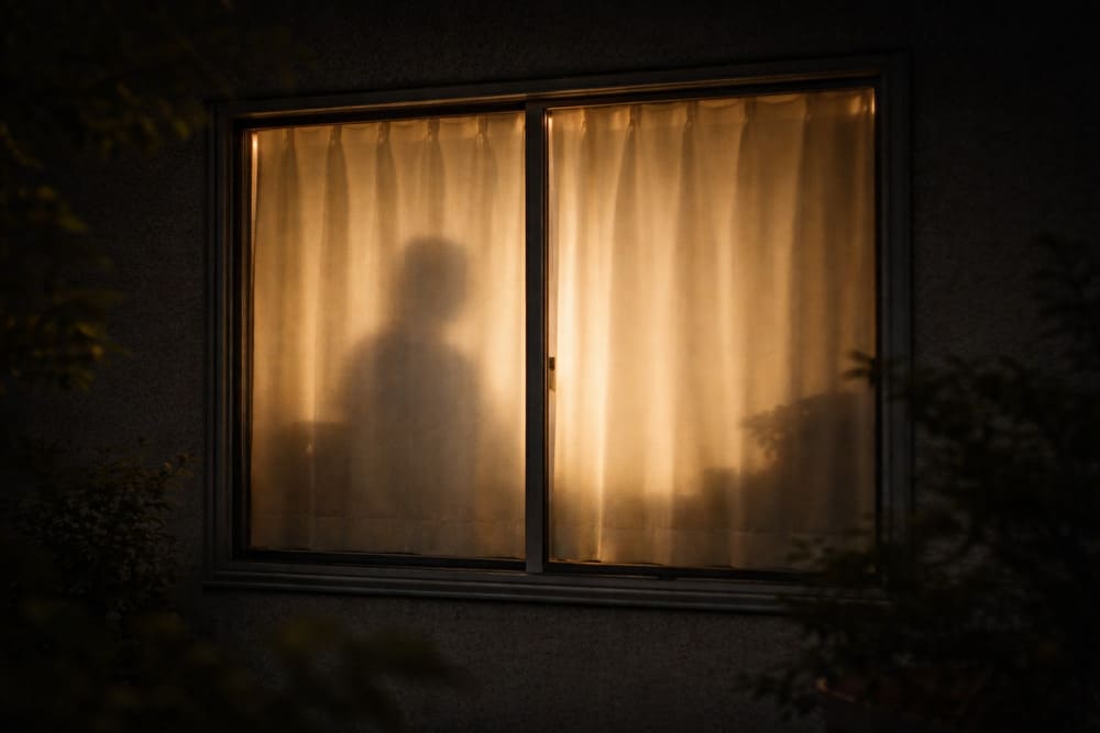 夜に窓の外から見た室内の様子。カーテン越しに人のシルエットが透けて見え、部屋バレにつながる可能性を示しているイメージ