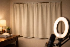 配信時に遮光カーテンで部屋バレを防いでいる夜の室内。