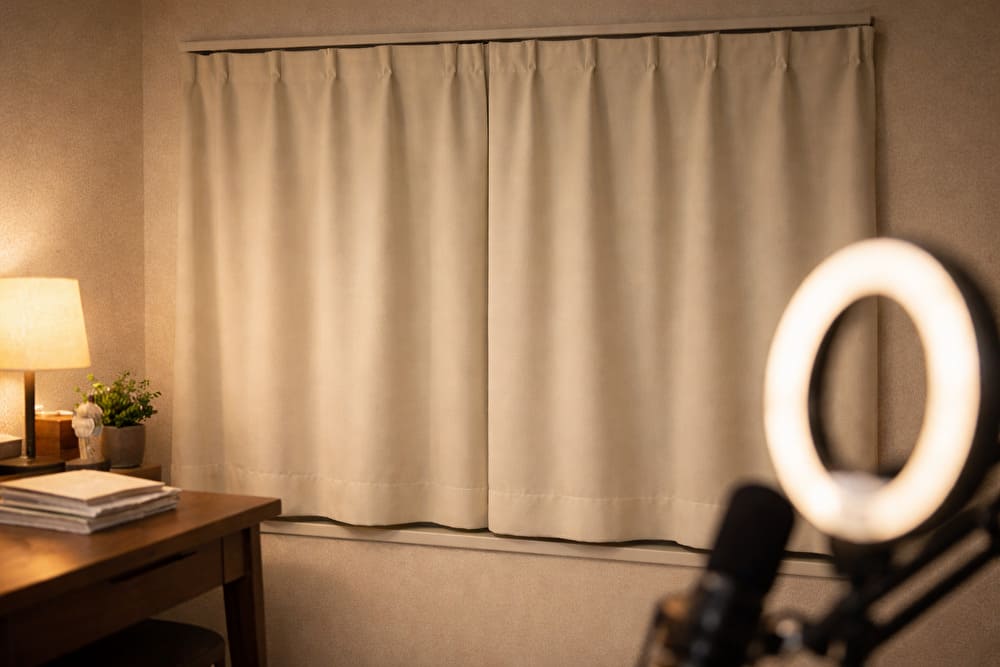 配信時に遮光カーテンで部屋バレを防いでいる夜の室内。