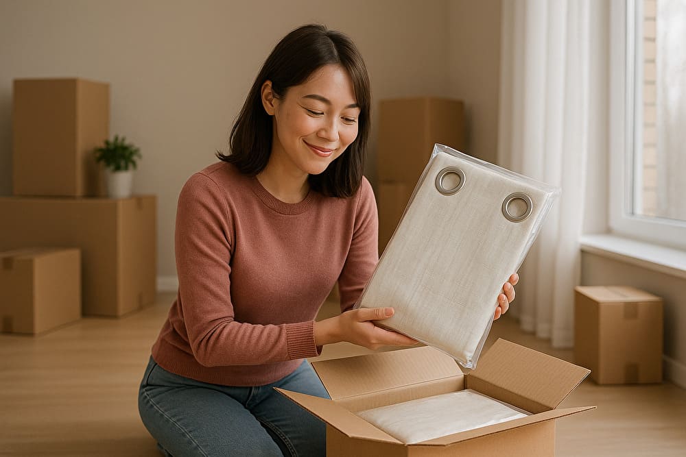 カーテン通販で届いた商品に喜ぶ女性