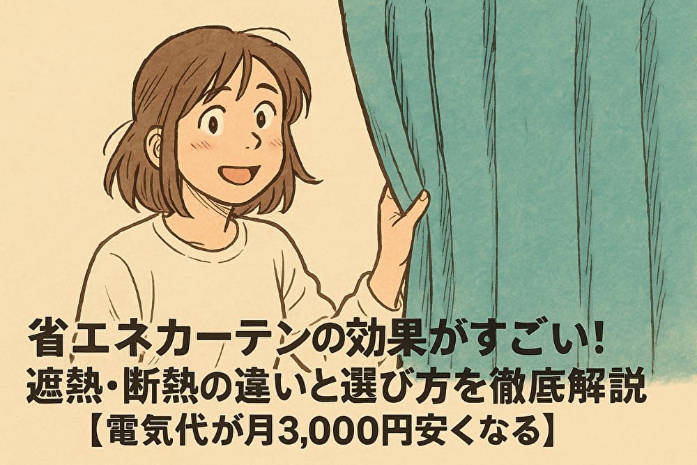 省エネカーテンの効果がすごい！遮熱・断熱の違いと選び方を徹底解説【電気代が月3,000円安くなる】のアイキャッチ画像。