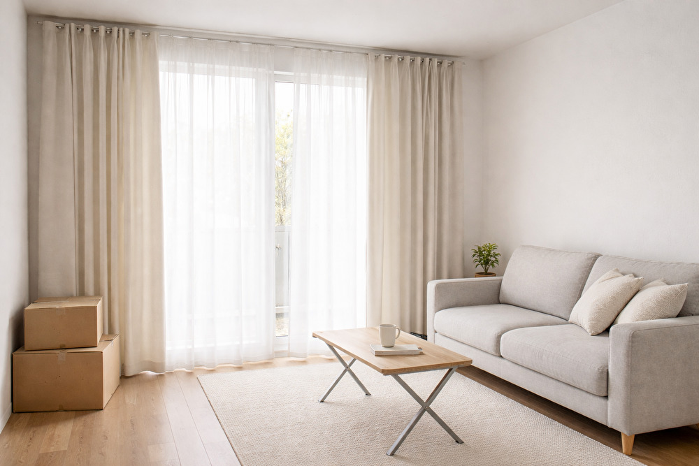 引っ越し直後のシンプルなリビングに無地カーテンを掛けた、コスパ重視のカーテン例