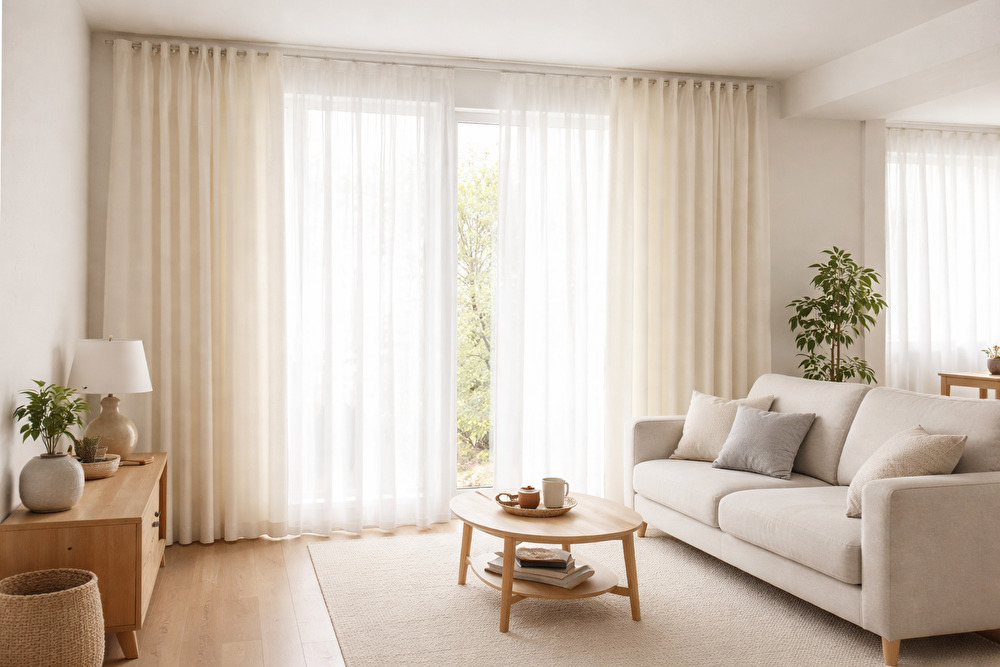 白〜アイボリー系の無地カーテンがかかったナチュラルテイストのリビング