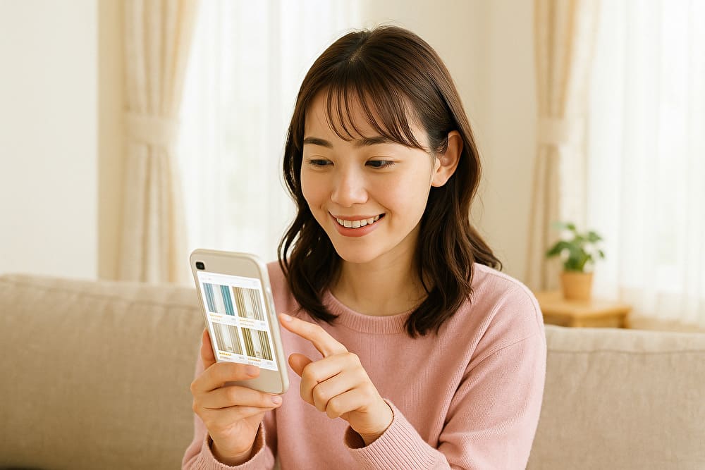スマホでカーテン通販を比較する女性
