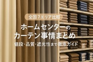 ホームセンターのカーテン売り場の写真に「全国7エリア比較」などの記事タイトル文字が入ったアイキャッチ画像