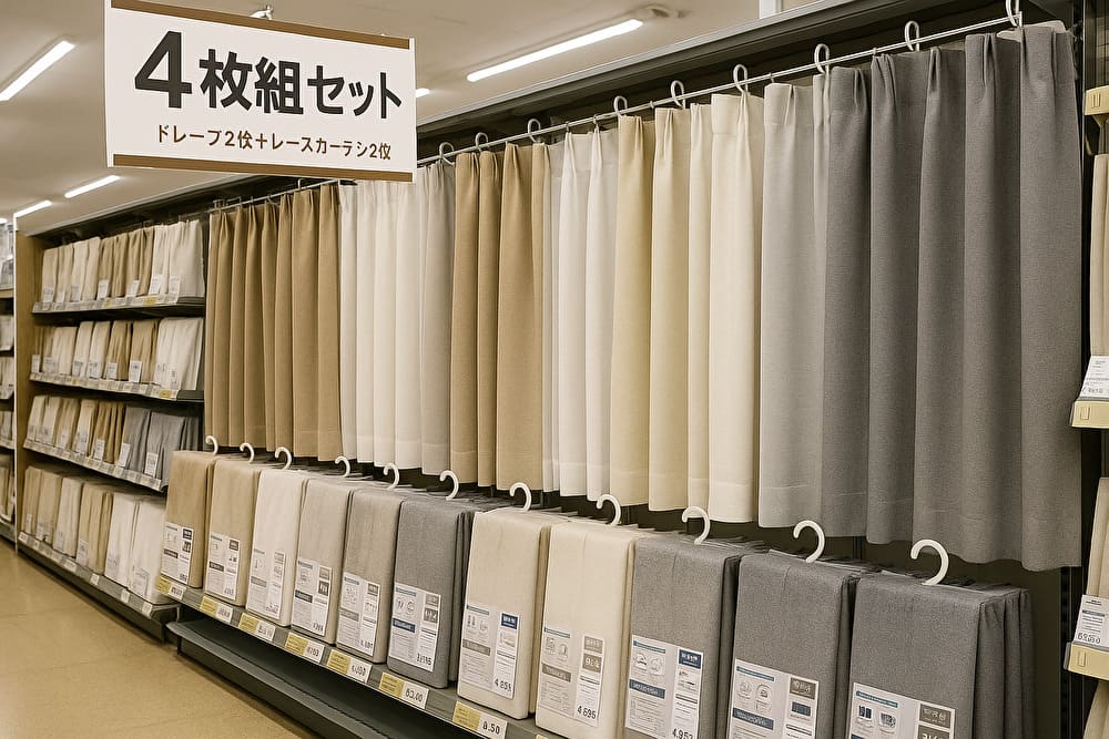 4枚組カーテンセットと、アイボリー・ベージュ・グレーのベーシックカラーが並ぶカーテン棚イメージ