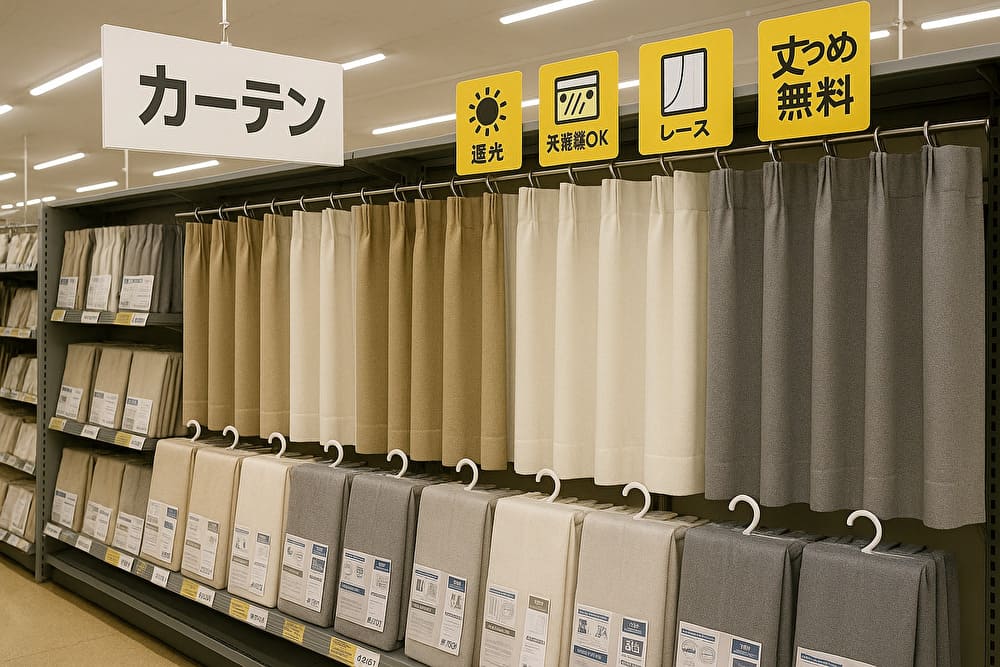 遮光や洗濯OKなどの機能POPが並んだ、ベージュ系カーテンの売り場イメージ